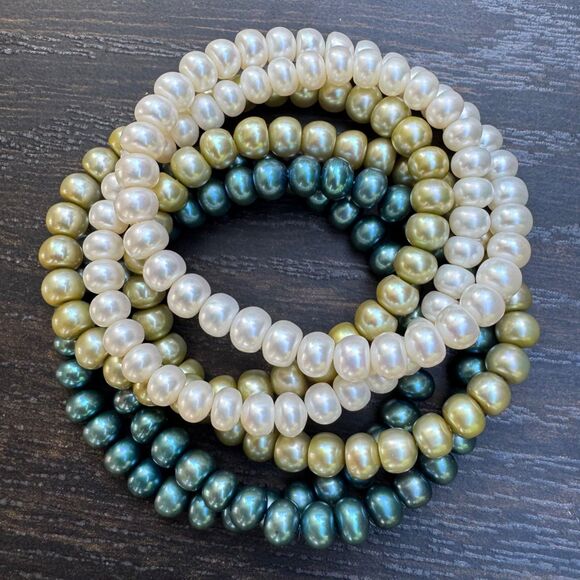 Honora Pearl Stretch Bracelets Set Of 6 Blue Green White Cool Tones Vintage - Picture 3 of 10
